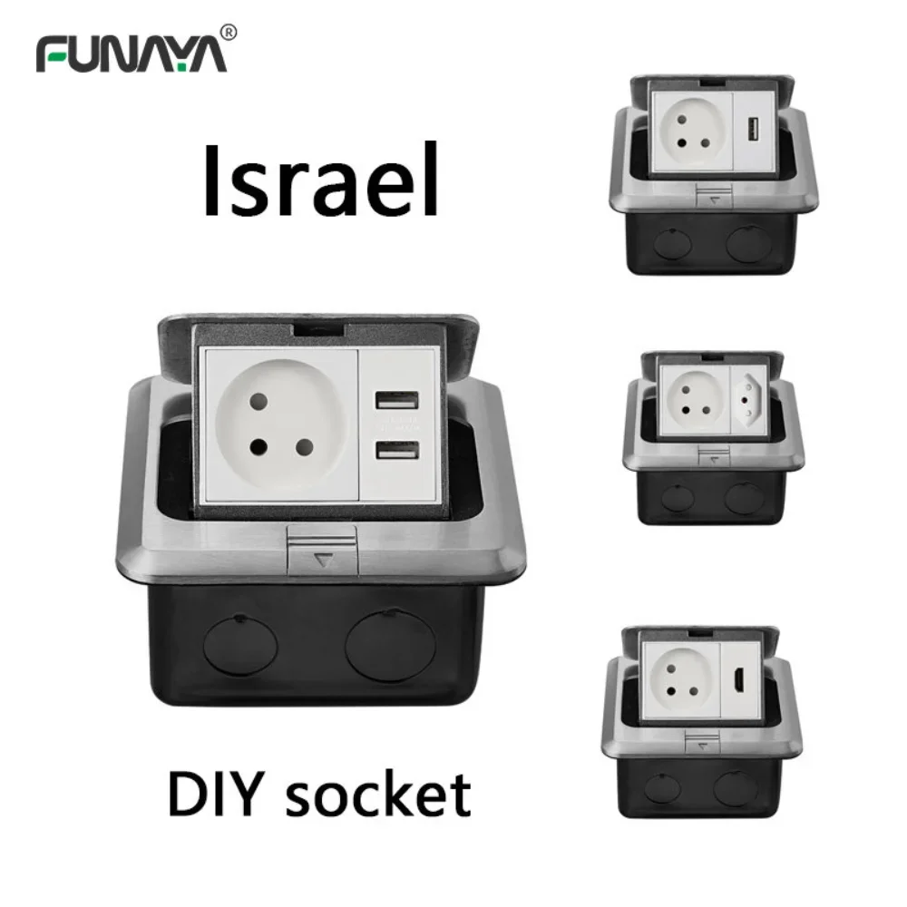 Israel Pop Up power Sockets 1 Outlets with USB  AC 110V 220V 2500w 10A Waterproof  Aluminum Sliver Home Office Alloy home Socket