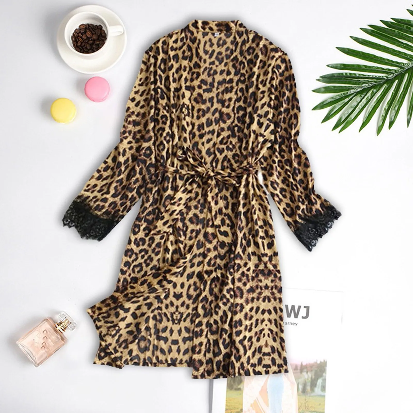 Bata de seda satinada con estampado de leopardo para mujer, ropa de dormir de encaje, Kimono Sexy, vestido de noche, camisón informal