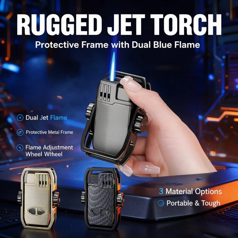 Fingertip Gyro Stress Relief Lighter, Windproof Blue Flame, Visible Gas Tank,BottomCigarCutter&CigarRest,PopularCigar Accessory