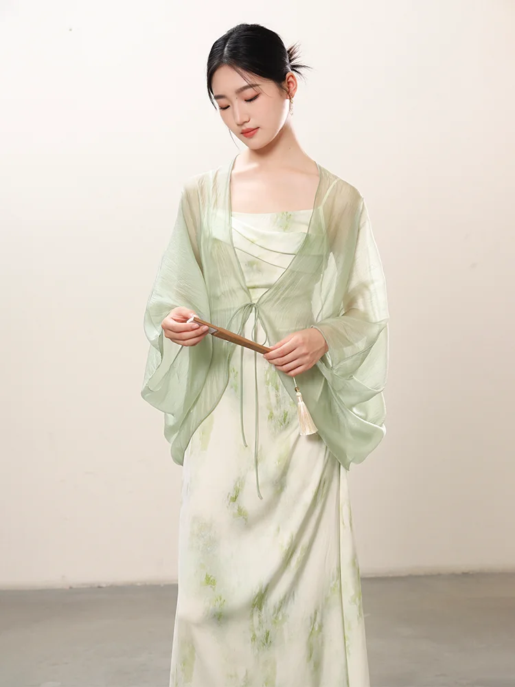 

New Chinese Style Set Women's Summer 2026 Lightweight Shawl Dyeing Dress Elegant Atmosphere Commute Simple Long Sleeve Polyes...