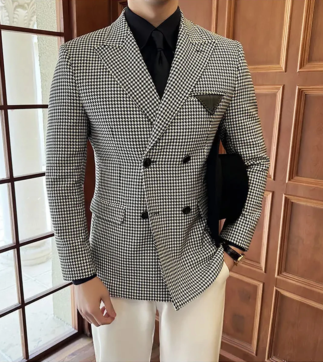 Setelan pernikahan kasual Pria Houndstooth kerah Peaked pengantin pria pakaian bisnis Tuxedo 2 potong jaket celana dibuat sesuai pesanan