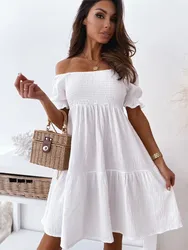 Mini abito Sexy senza schienale da donna 2023 Summer Fashion Lady Slash Neck White Puff Sleeve Big Swing Party Beach Dresses Casual Robe