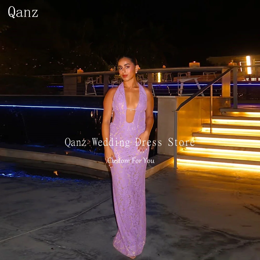 

Qanz Purple Lace Prom Dress Mermaid Sexy Deep V Neck Backless Evening Dresses Sleeveless Women Wedding Party Gowns Customized