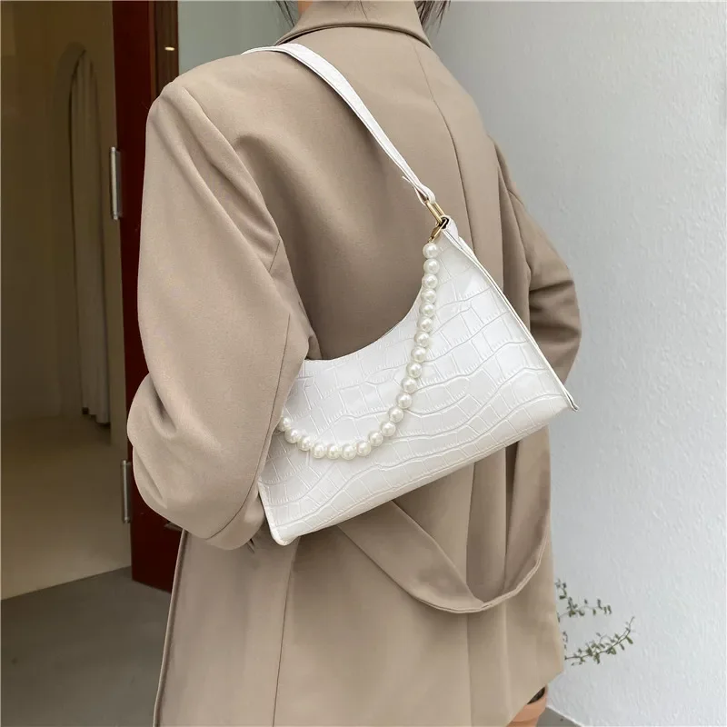 

Armpit Bag Women Retro Handbag PU Leather Underarm Shoulder Bag Fashion Pearl Top Handle Bag Female Small Subaxillary Bag Clutch