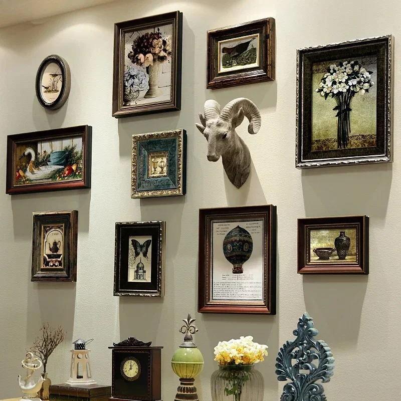 9-21/set American Retro Home Wall Hanging Deer Head Art Oil Painting Photo Solid Wood Photo Frame Wall Ornament Home Decoration