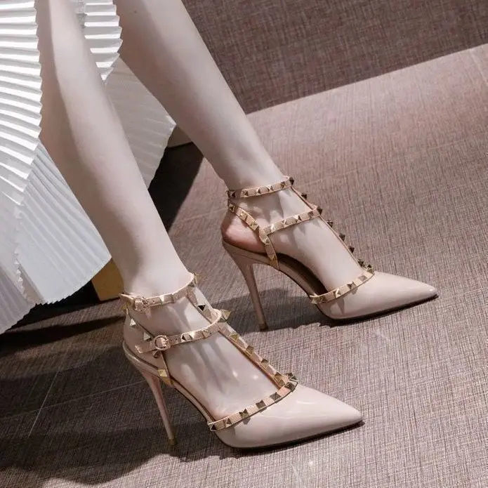 women's sandals summer 2025 luxury Designer woman Heeled slipper sandals Leather Brand Rivets High Heels Gladiator Ladies Shoes