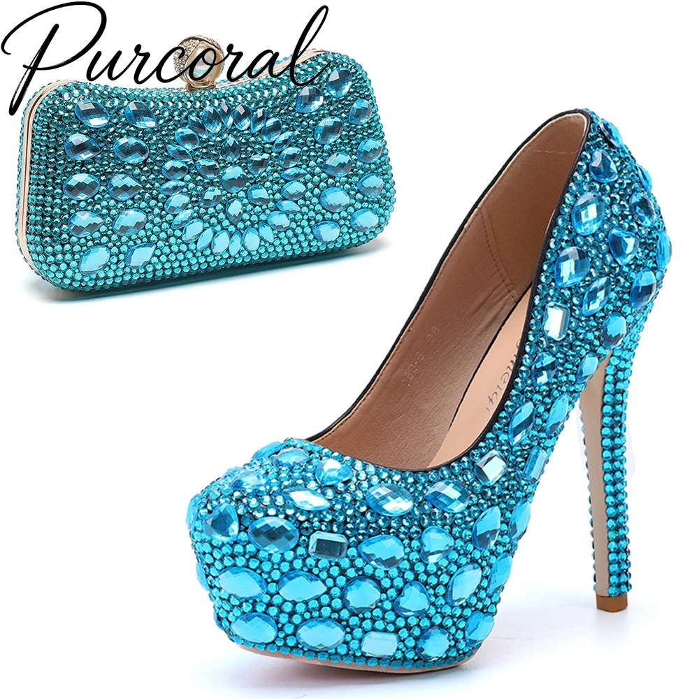 Women'S Evening Bags - Funkelnde Türkis-Strass-Plateau-High-Heels mit passender Kristall-Abendtasche für