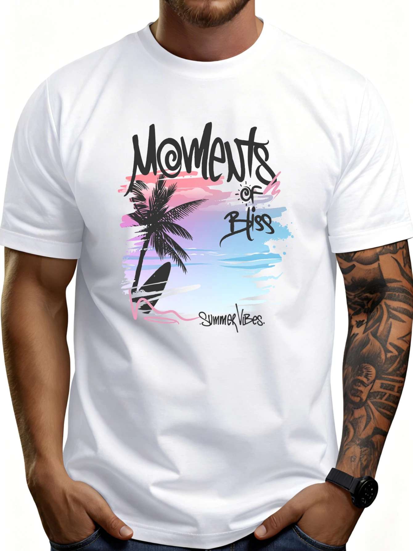 Casual Summer Style Men's T-Shirt, Happy Moments Palm Tree and Surfboard Design, Summer Vibes Beachwear, Perfect Gift for Him