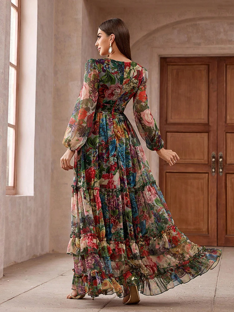 TOLEEN 2024 Nieuwe Casual Elegante Boho Vakantie Feestjurken Dames Vintage Bloemenprint Lange Mouw Franje Trim Zomer Maxi Jurk