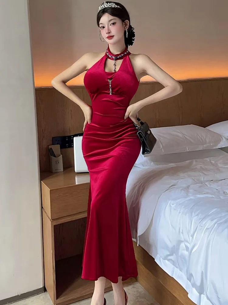 Outono inverno vermelho veludo diamantes pescoço-montado vestido feminino elegante vestido de festival de luxo 2025 coreano bodycon dança vestidos de festa