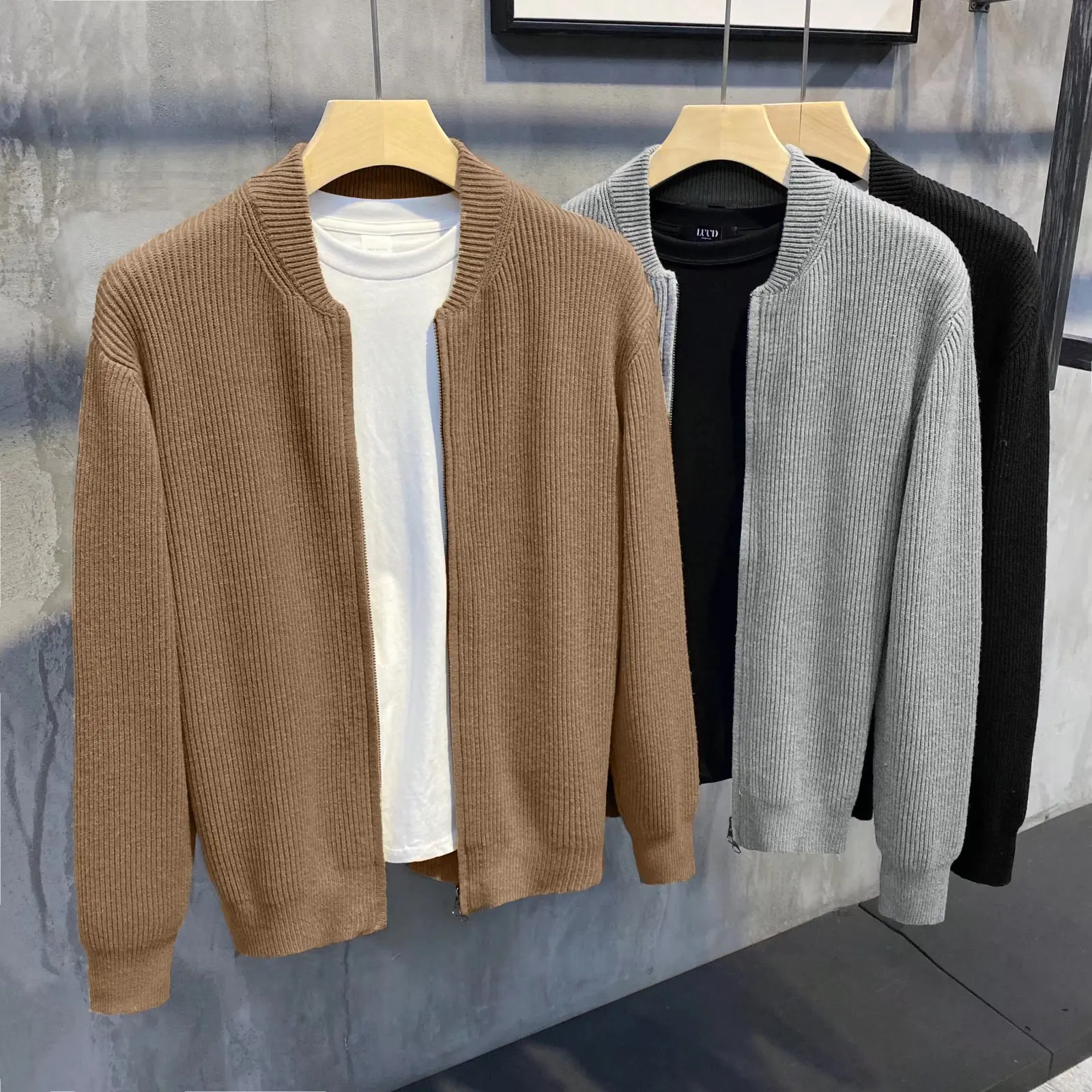 

Double zipper solid color sweater cardigan men's simple Korean version baseball collar elastic slim fit jacket knitted sweater
