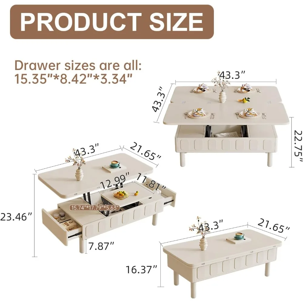 Lift Top Coffee Table, 3 in 1 Multi-Function Convertible Coffee Tables with Drawer and Hidden Compartment, Modern Center Table w