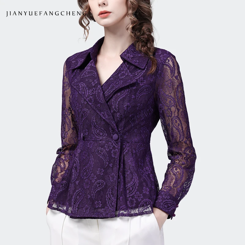 2024 Spring Summer Womens Purple Lace Shirt Hollow Out Suit Collar Tops Elegant Slim Paisley Office Ladies Blouses