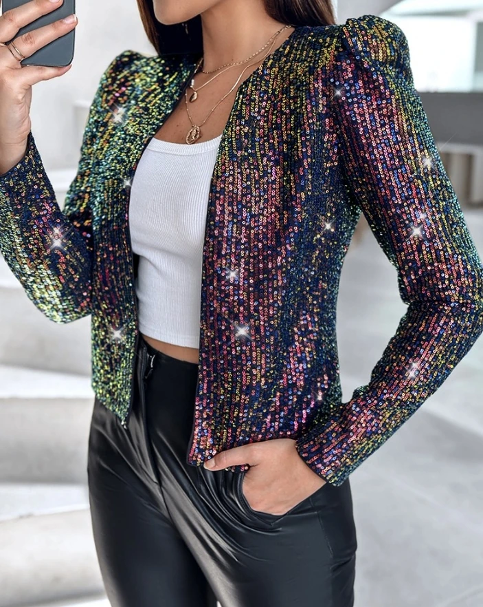 Women's Retro Fashion Jacket 2025 Spring Summer Latest Solid Color Long Sleeve Round Neck Open Front Sequin Coat Cardigan Top