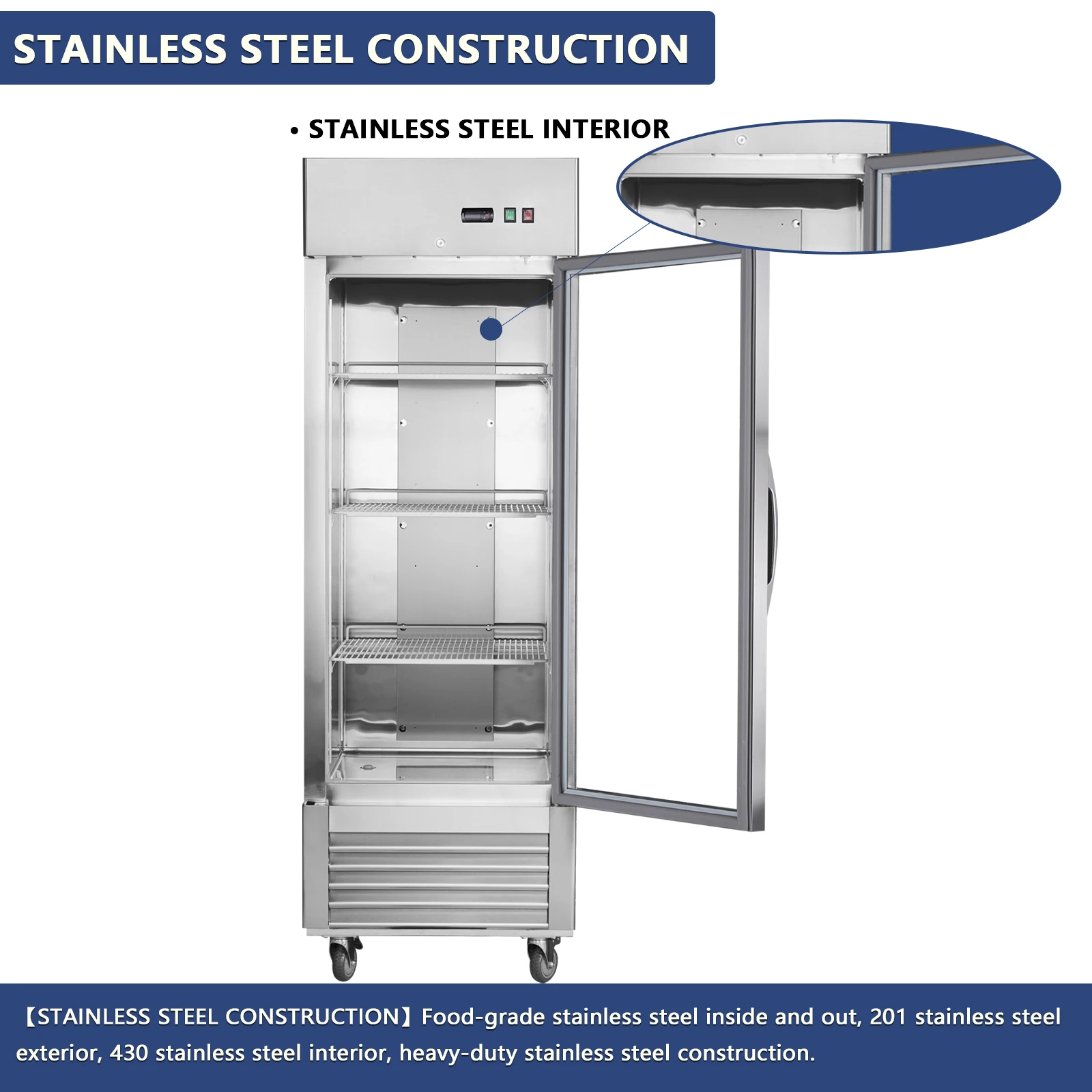 27"W Kommerzieller Display-Kühlschrank 23 Cu.ft Glastür Edelstahl-Lüfterkühlung 33 ℉ ~39 ℉   Verstellbare Regale zum automatischen Abtauen