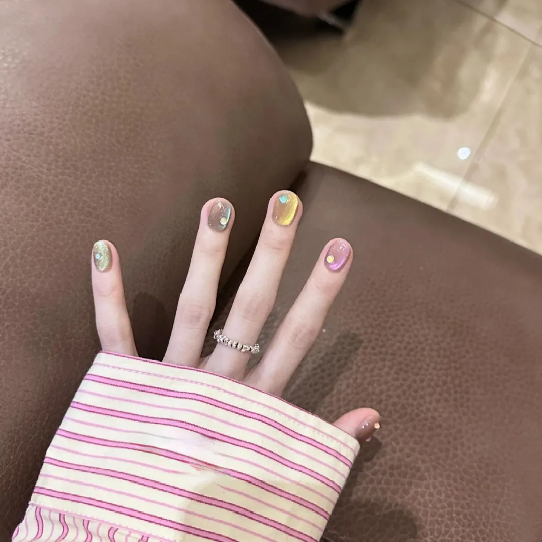 10Pcs Cat Eye Handmade Press on Nails Candy Color Fake Nails Summer Cute Wearable Stick-on Nails Full Cover False Nail Uñas 네일팁