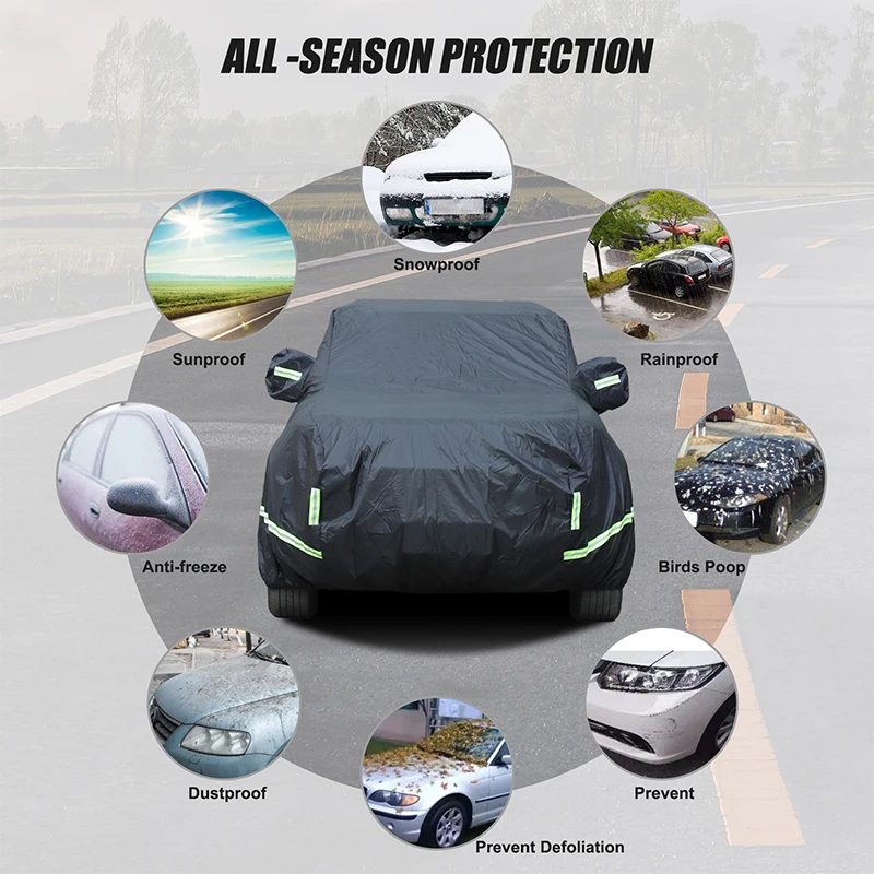 

Автомобильный чехол, уличная защита, полный внешний снежный чехол, солнцезащитный козырек, пылезащитный защитный чехол, подходит для автомобилей общего назначения