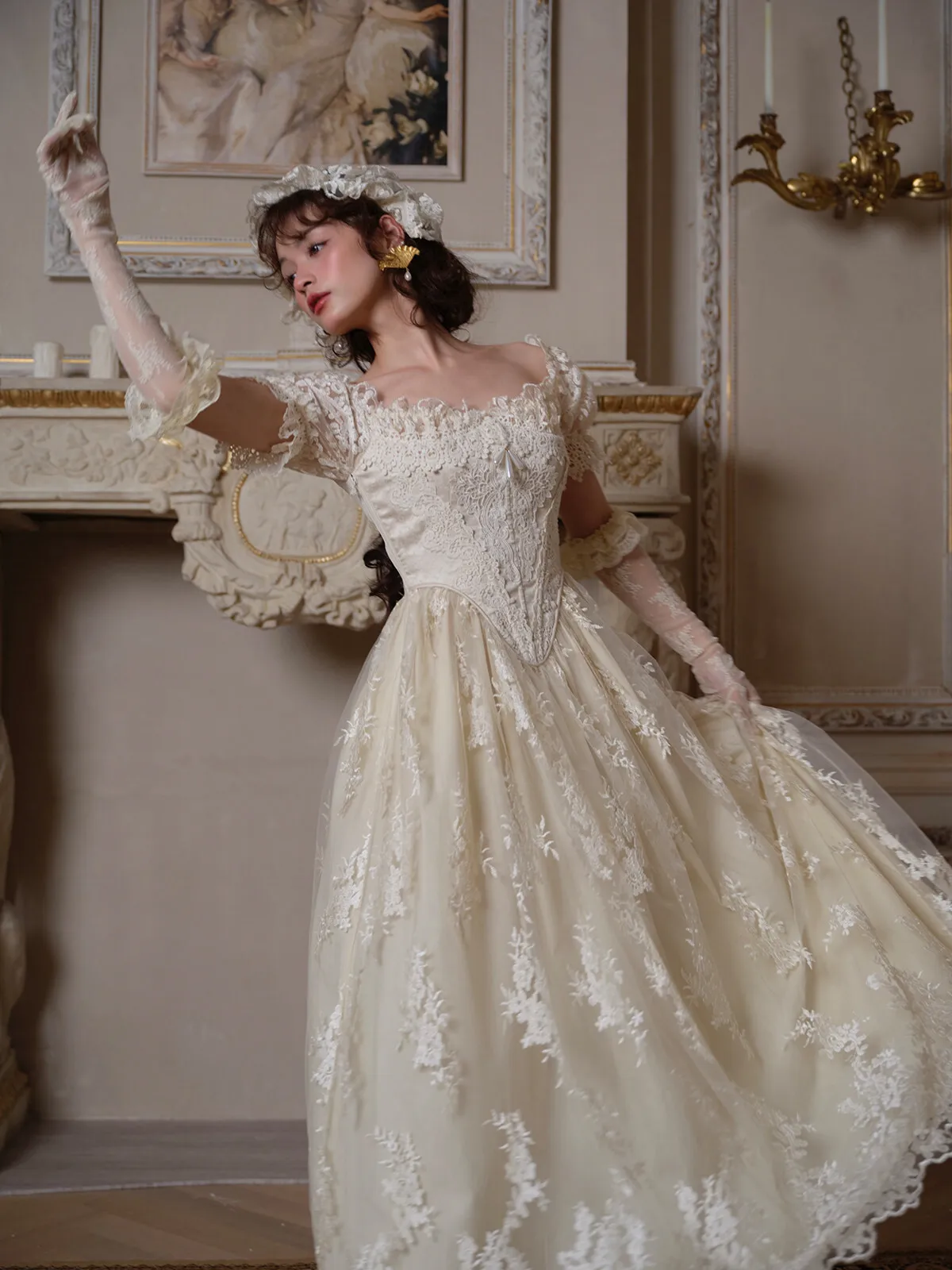 Lacemade Original France Elegant Retro Romantic Slim White Lacy Dress Short Puff Sleeve Backless Fairy Jupe Vestidos Plus