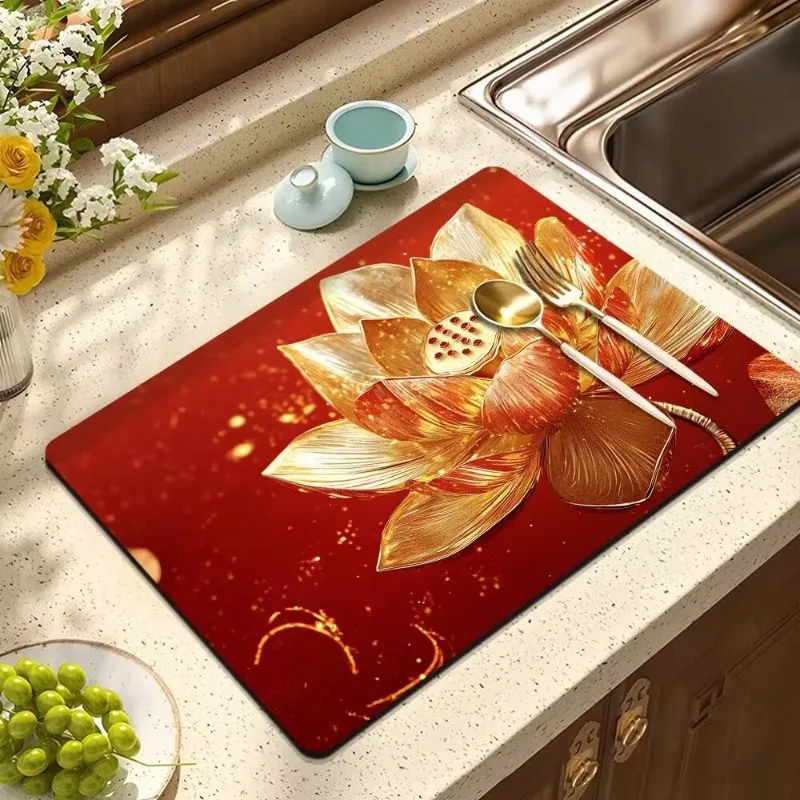 Non-slip Pads Luxury Rose Flower Print Bowls Plates Drain Pads Household Coffee Machine Insulation Drain Pads Countertop