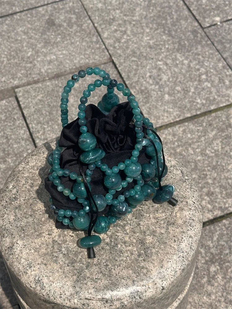 Retro Designer LuxurySea Green Mesh Bag Beaded Fashion Purse Summer Beach Women Mini Handbag