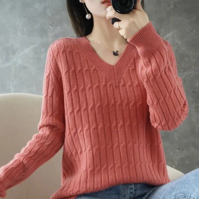 

Autumn Winter Temperament Female Solid Color Knitted Tops 2024 Fashion V-Neck All-match Long Sleeve Sweaters Women's Clothing