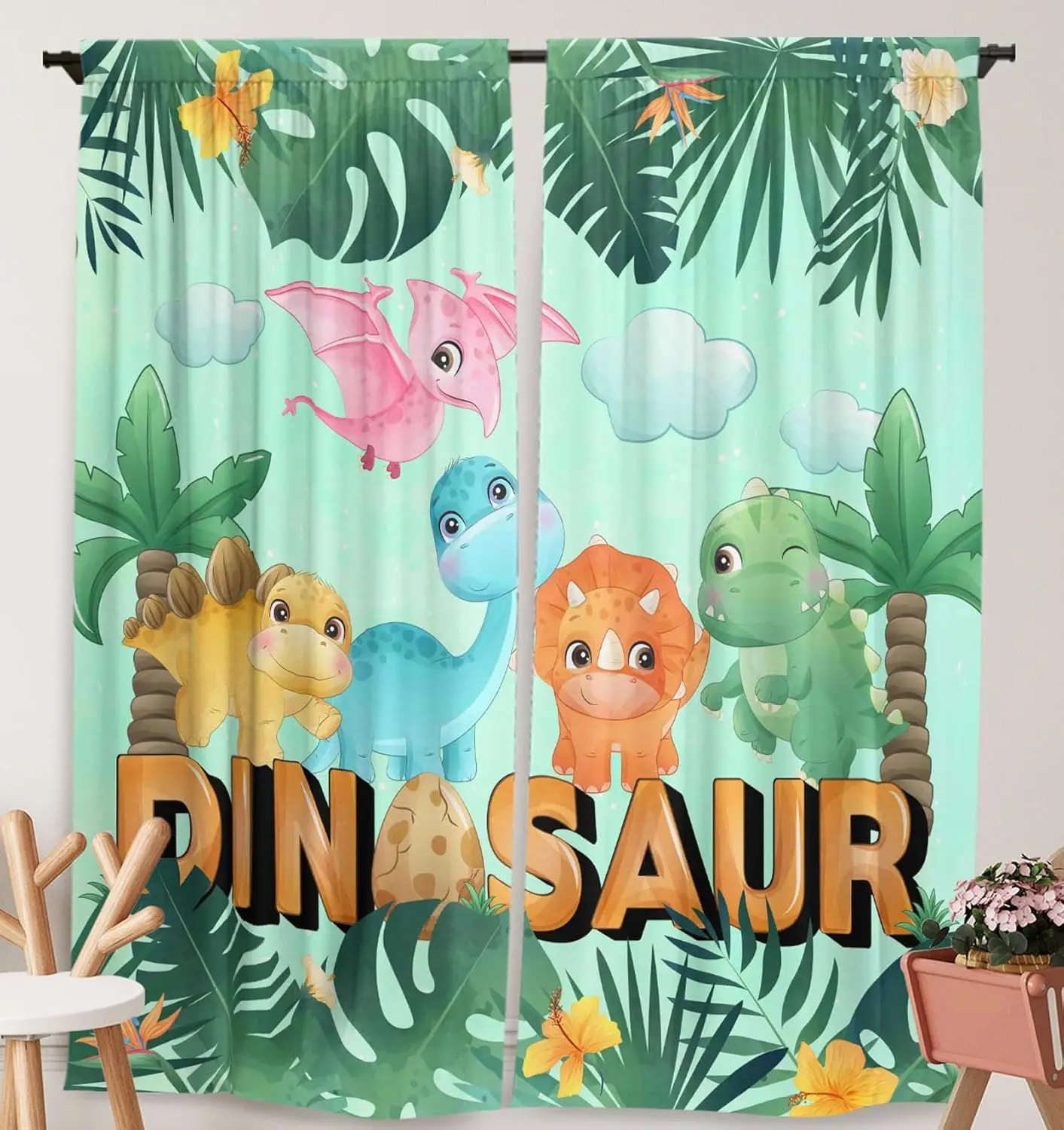 Jungle Safari Dinosaur Curtains for Kids Room, Cartoon Juvenile Dino Drapes, Boys Girls Nursery Bedroom Window Panels, 2PCs Set