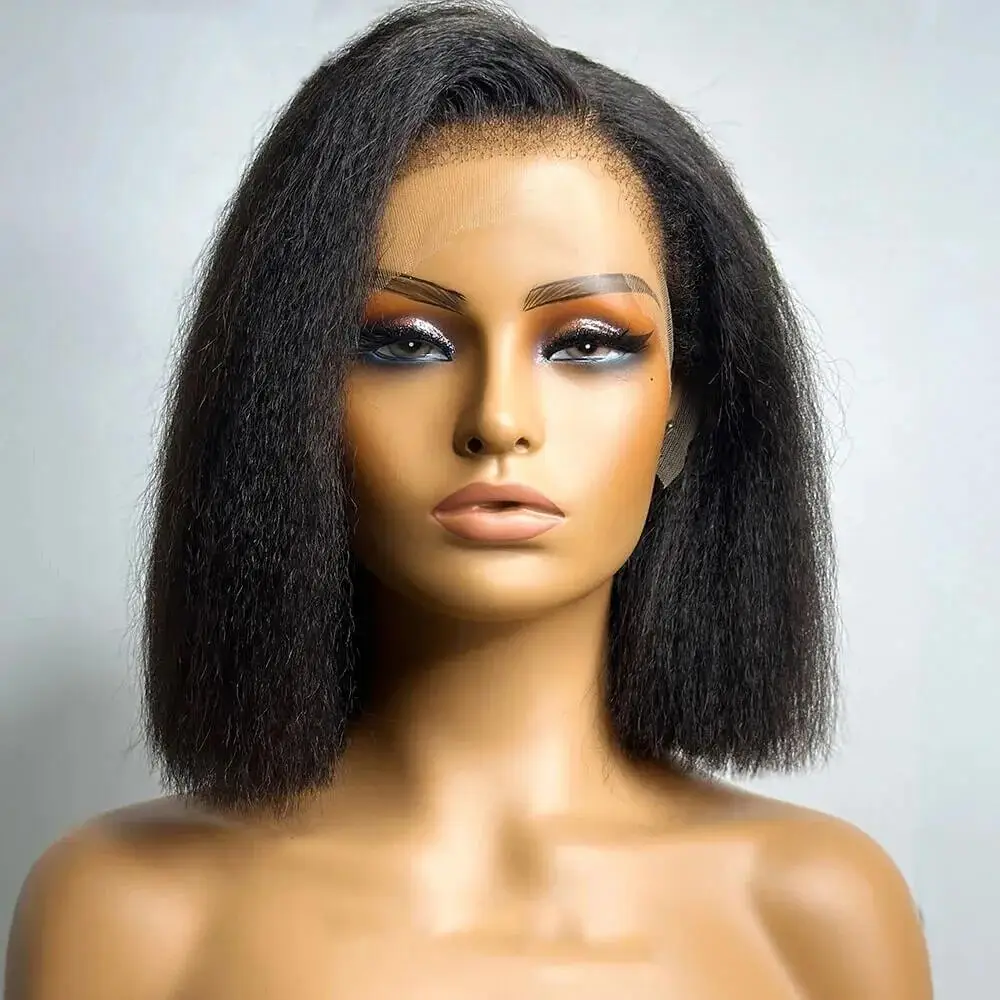 

Short 20"180Density Yaki Natural Black Soft Glueless Kinky Straight Lace Front Wig For Women With Baby Hair Synthetic Preplucked