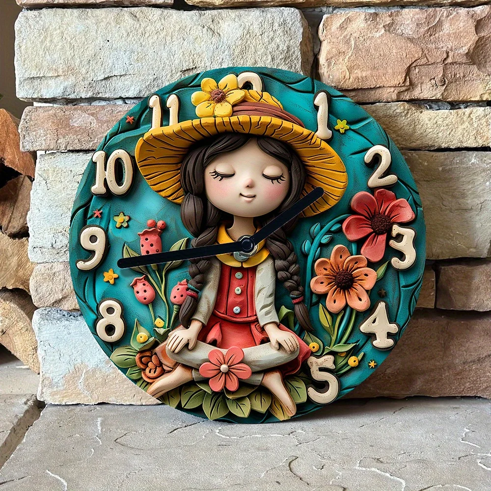 DIY Wall Clock with 3D Hippie Girl Design,High-Definition Craft Kit, Spring Floral Theme Home Decor, Ideal Gift for Mother's Day