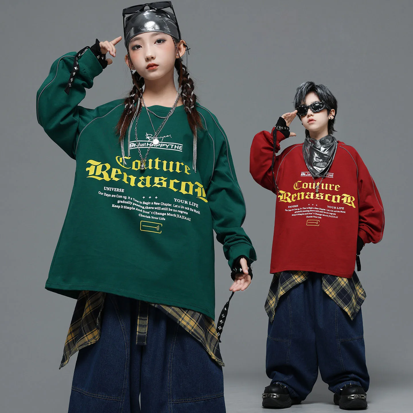 Kind Kpop Hip Hop Kleidung Grün Rot Buchstaben Sweatshirt Denim Blau Baggy Jeans Hosen für Mädchen Junge Street Dance Kostüme Kleidung