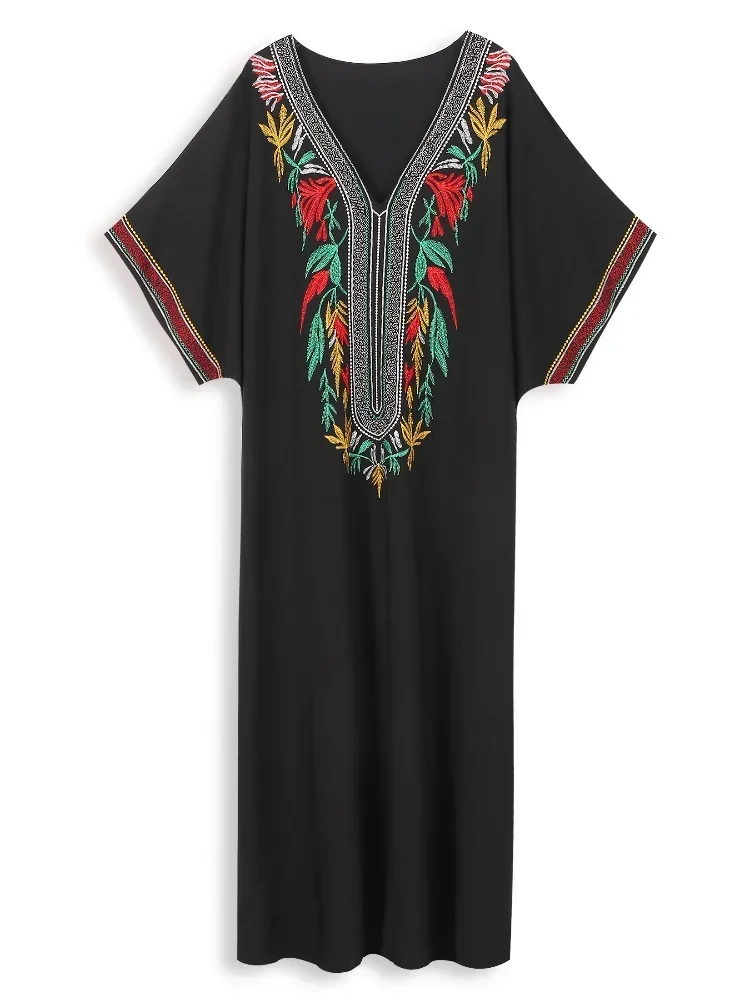 Embroidered Black Women Loose Kaftan Robe Summer Dresses Women 2024 Cozy Bohemian Holiday Beachwear House Dress Outfit Q1657