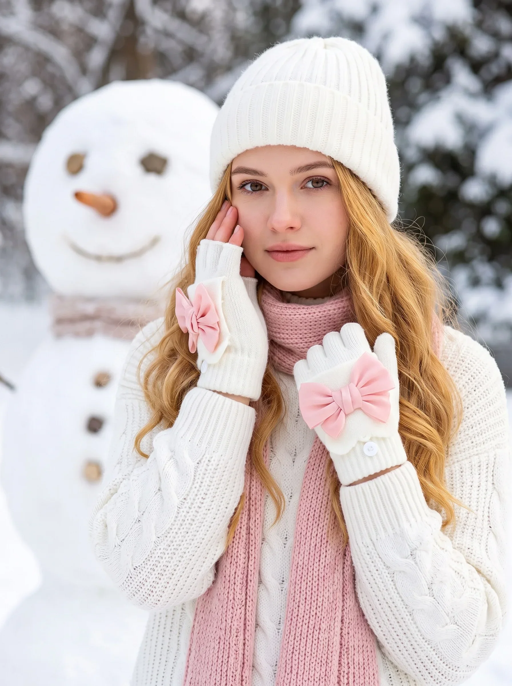 1Pair Women Pink Satin Bow Flip Knit Gloves, Winter Half Finger Convertible Warm Knitted Five Finger Gloves for Daily Outfit