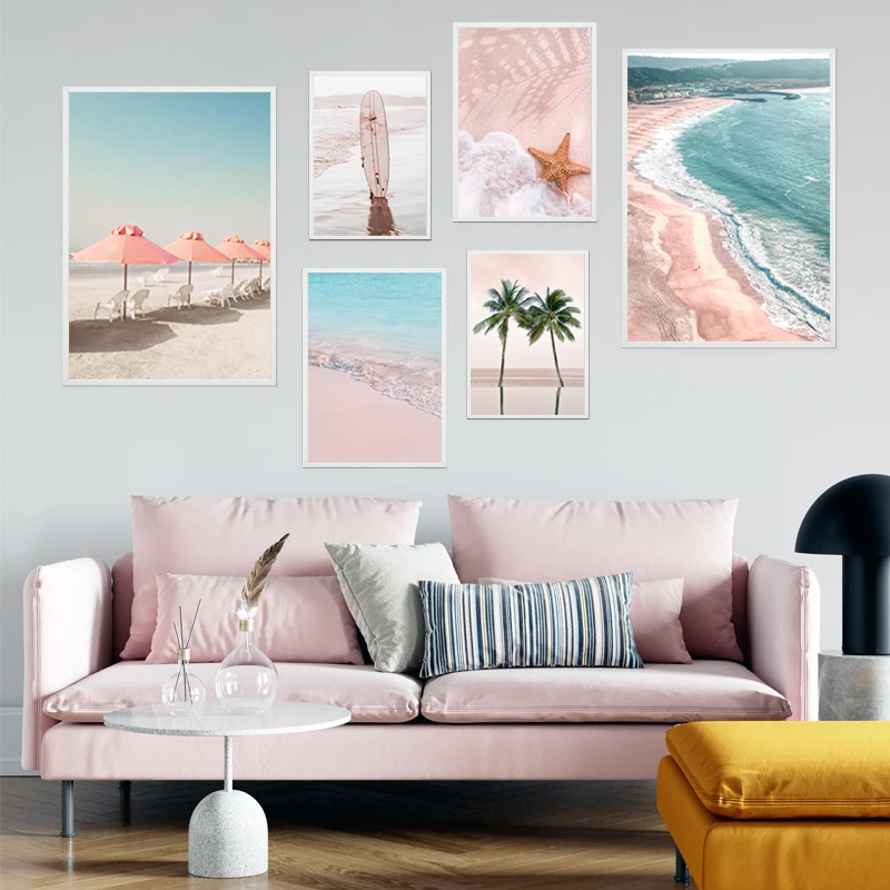 Pink Beach Surfboard Trees Starfish Ocean Wave Landscapes Canvas Painting Scandinavian Wall Poster Art Print Decor Room Pictures