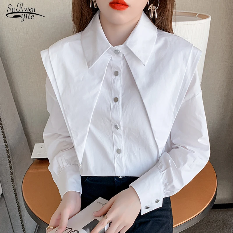 Casual Blue Peter Pan Collar White Shirt Spring Blouse 2023 Long Sleeve Pleasure Shirt Fashion Chic Tops Elegant Clothes 18829