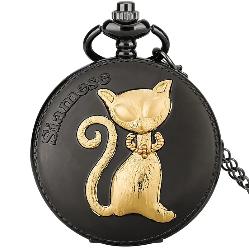 

Винтажные резные золотые сиамские часы с дизайном кота, милые кварцевые карманные часы с животными для мужчин и женщин, ожерелье, кулон-цепочка, подарок