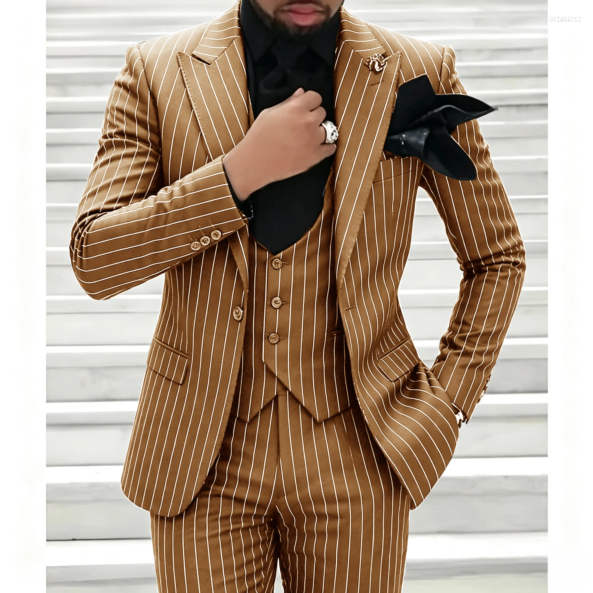 Men's Formal 3-Piece Striped Business Suit – Custom Slim-Fit Wedding Tuxedo (Jacket, Trousers, and Vest)