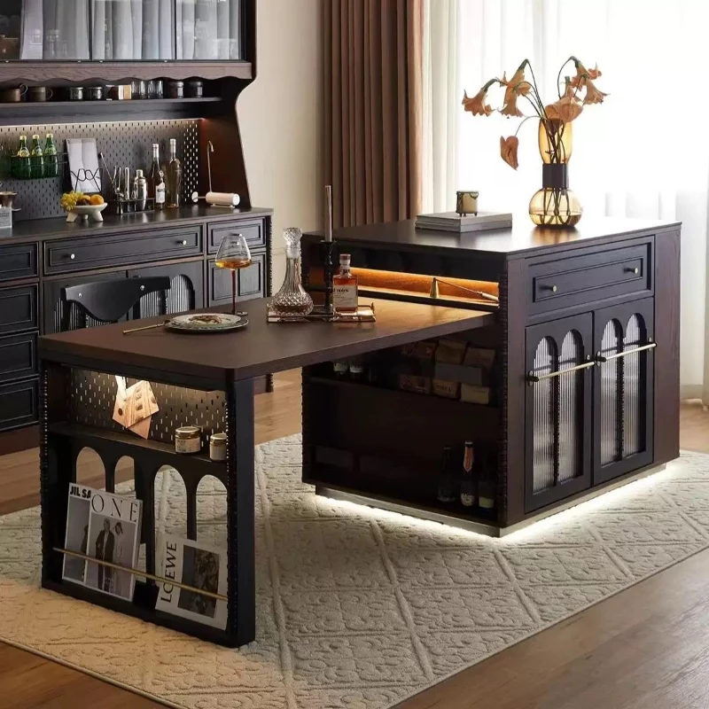 

Modern antique simple solid wood island dining table integrated multi-functional rock slab household small retractable dining