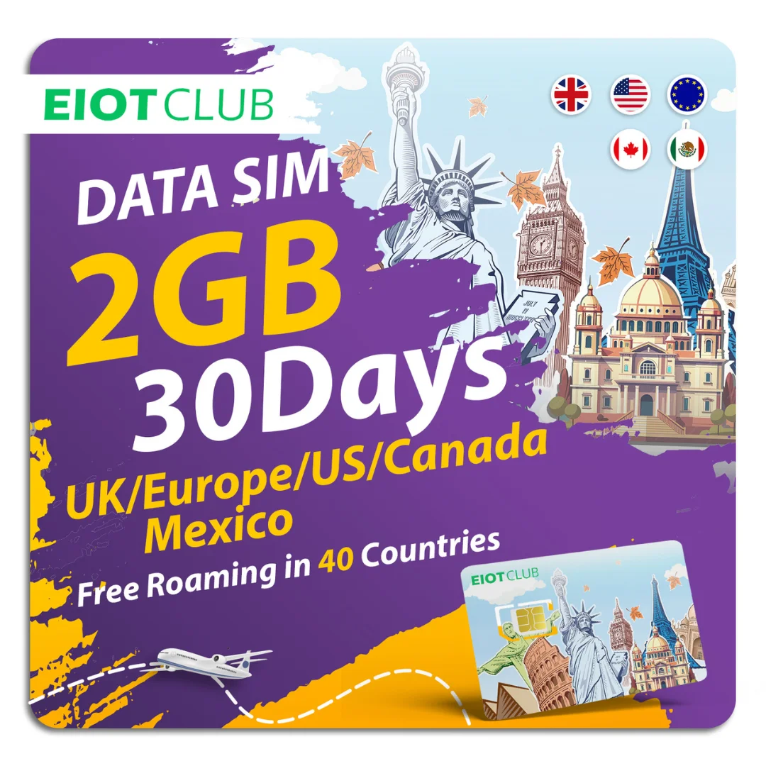 EIOTCLUB Prepaid Europa-simkaart - 2 GB 30 DAG, dekking in 40 landen inclusief de VS, Europa, Canada en Mexico, 5G/4G LTE