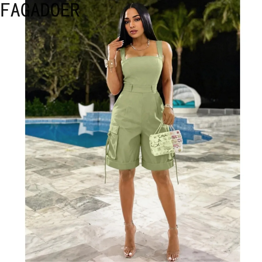 FAGADOER Hot Girl Sexy Square Neck Cargo Rompers Fashion High Waist Pockets Patchwork S Sleeveless Short Jumpsuits Streetwear