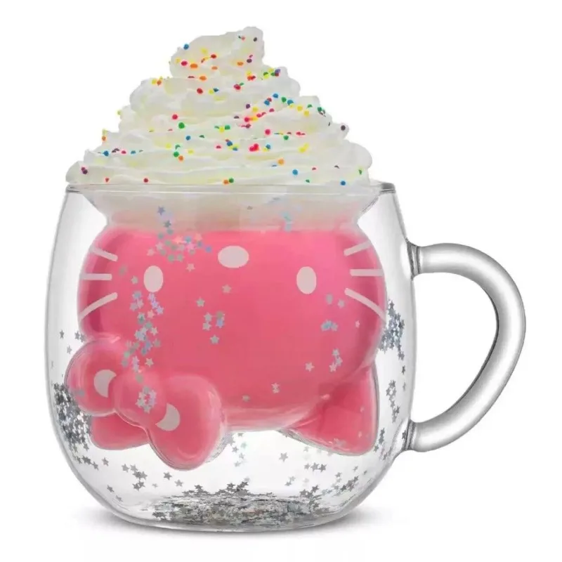 

Sweet Hello Kitty Glass Water Cup Kawaii Sanrio Anime Kt Cat Double-layer Coffee Cup Christmas Birthday Gifts Toys for Kids
