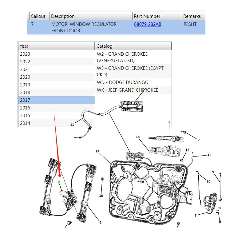 68079282AB منظم نافذة جديد محرك الباب الأمامي الأيمن لسيارة جيب جراند شيروكي شيروكي دورانجو 2011-2023 68079282AA