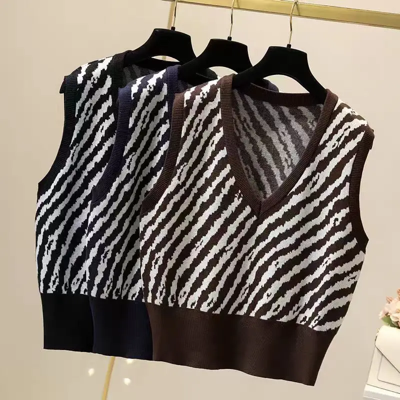 New Knitted Vest for Women in Autumn and Winter Zebra Pattern V-neck Korean Style College Style Shoulder Top for Women