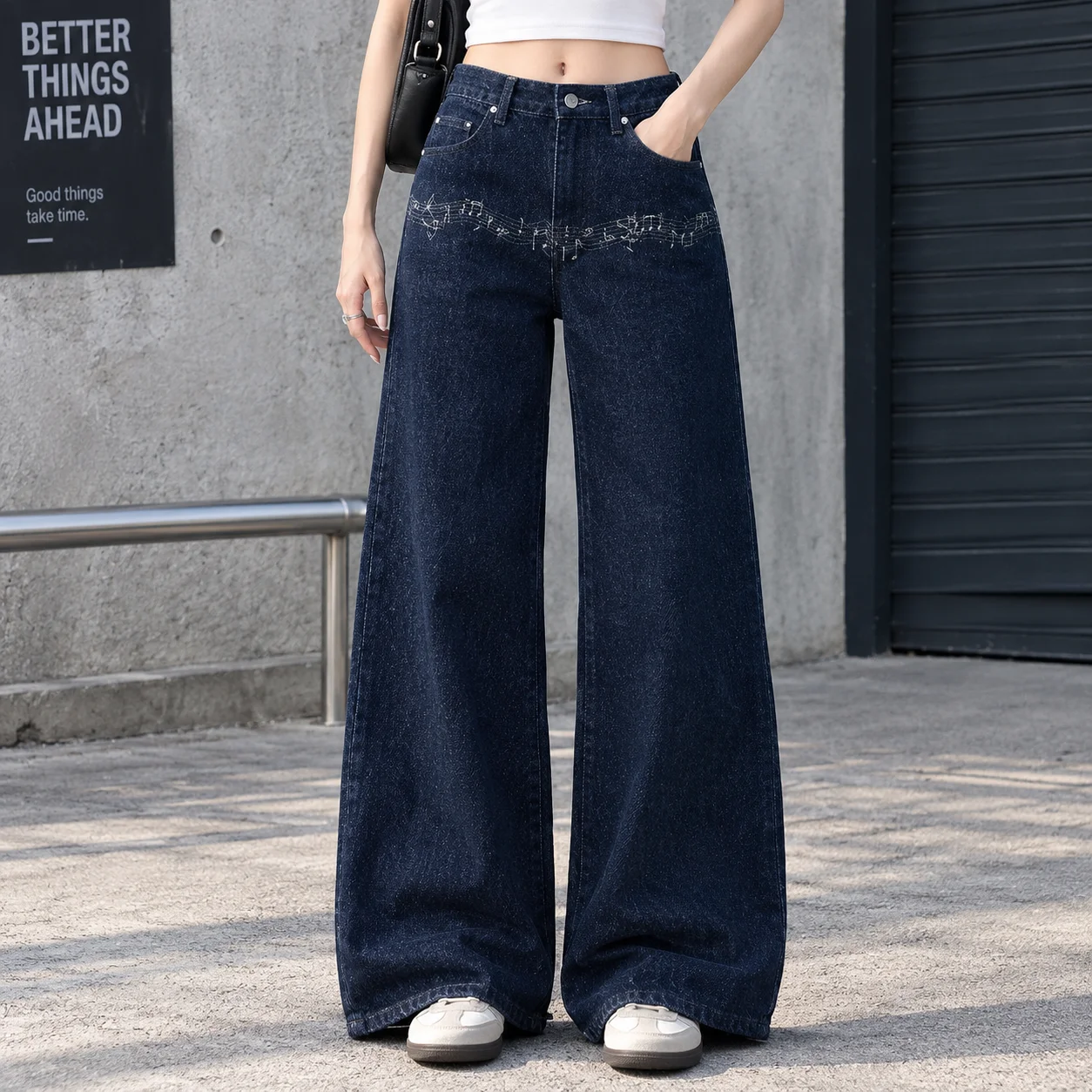 Y2K Musical Note Embroidered Flare Jeans American Retro Dark Blue High Waist Unisex Streetwear Baggy Floor Length Wide Leg Pants