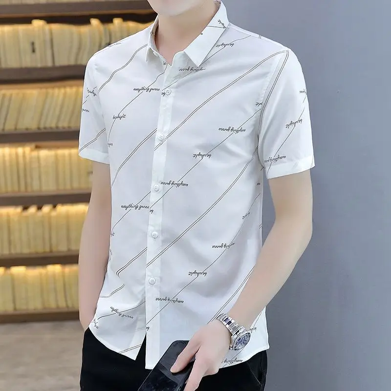 Mens Lapel Collar Diagonal Line Letter Print Slim Fit Short Sleeve Single Breasted Casual Shirt