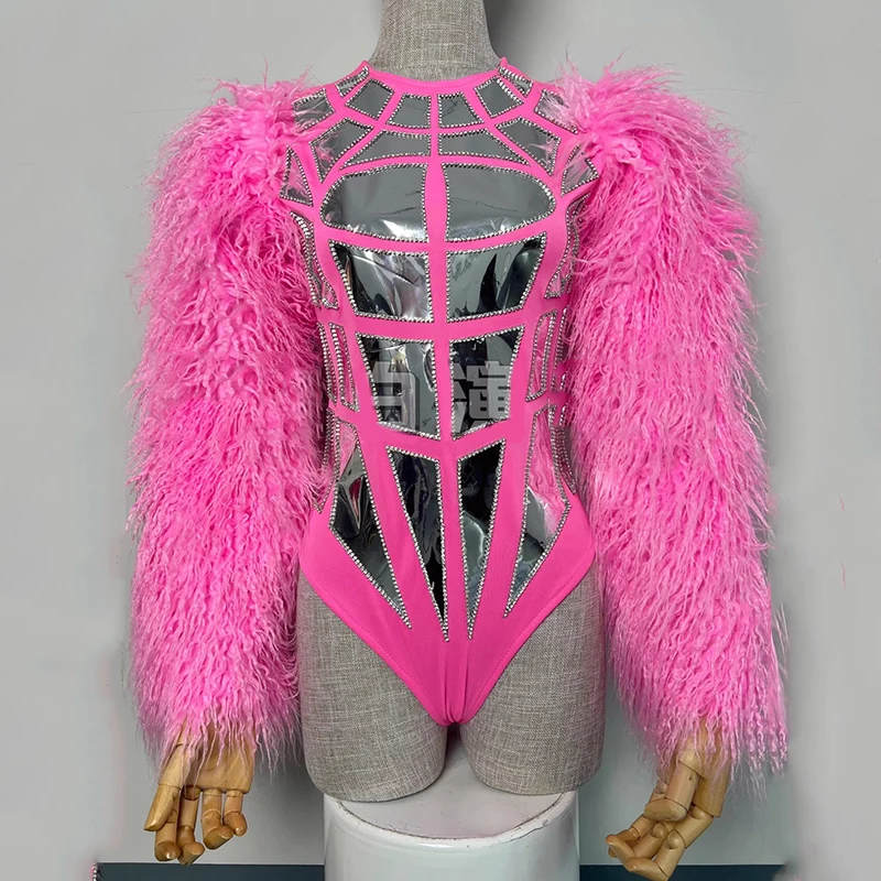 Silver Mirror Bodysuit Women Jazz Dancer Stage Costume Drag Queen Outfit Pink Plush Sleeve Jumpsuit Gogo Dance Clothing