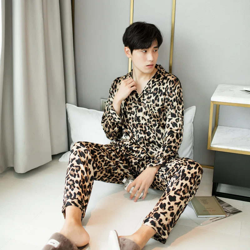 Leopard Pajamas Suit Nightwear Lover Loose Nightgown 2PCS Tops&Pants Satin Men&Women Sleepwear Intimate Lingerie Home Clothing