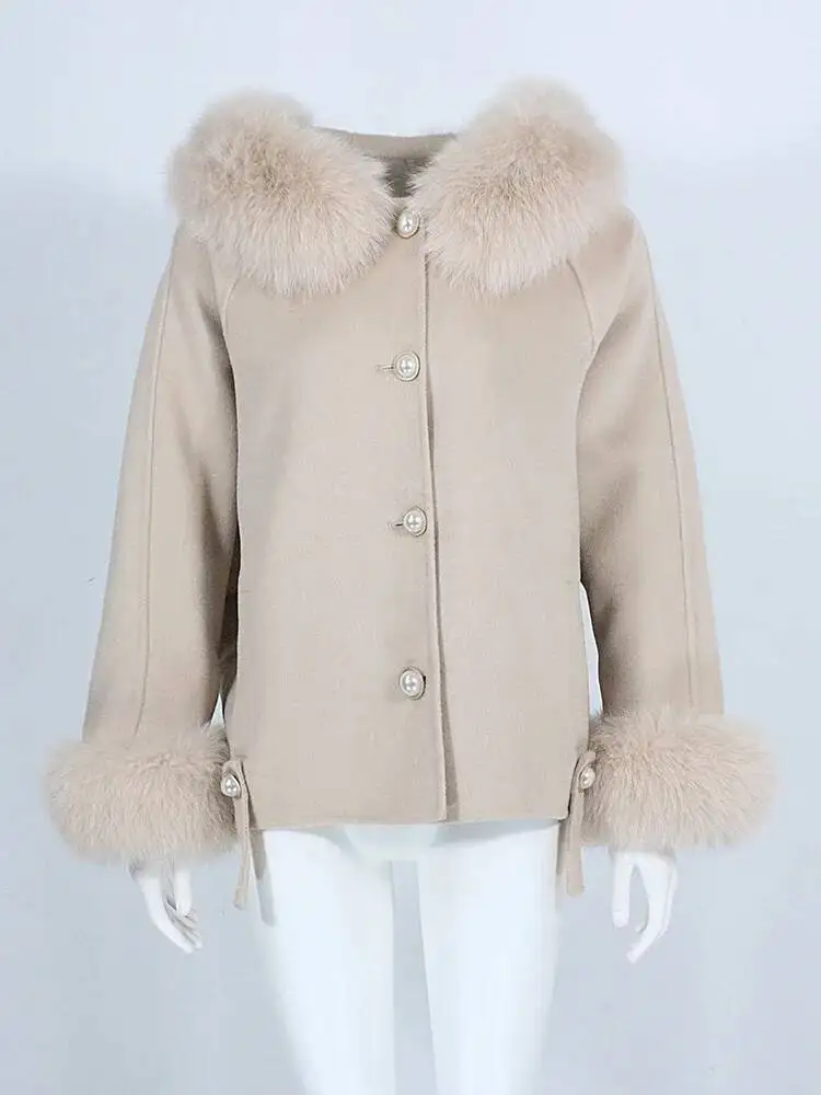 2026 الشتاء الخريف سترة المرأة ريال فوكس الفراء مقنعين الكفة ملابس خارجية غير رسمية معطف الصوف يمزج الصوف معطف جديد