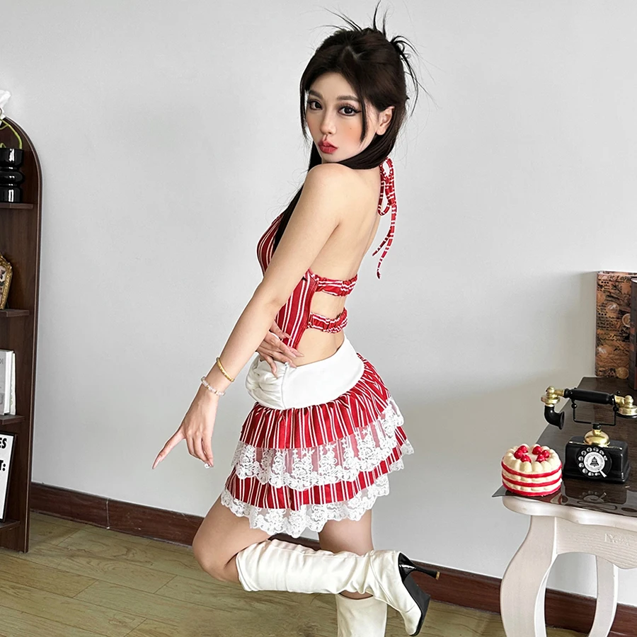 SylCue Y2K-Conjunto de 2 piezas de estilo dulce para mujer, chaleco sin mangas con espalda descubierta y ombligo descubierto + falda escalonada de retales de malla, trajes de calle