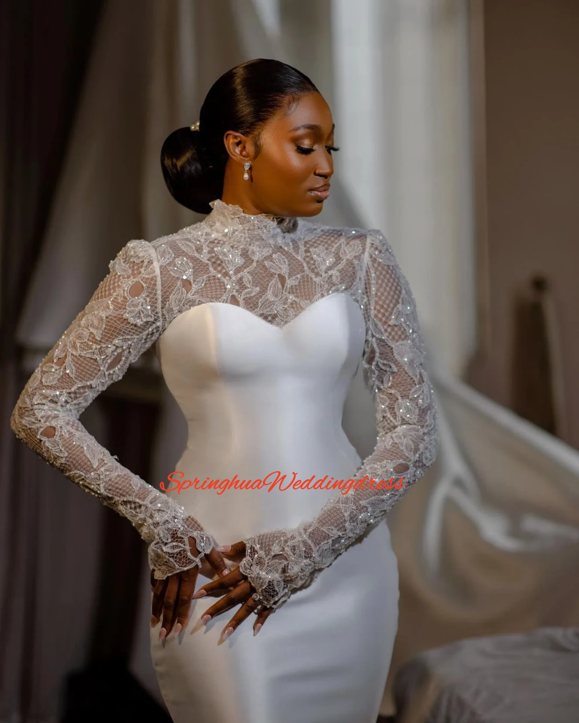Customized Elegant Satin Mermaid Wedding Dress Long Sleeves Back Buttons Long Fitted Bridal Gowns Pretty Bride Formal Dress