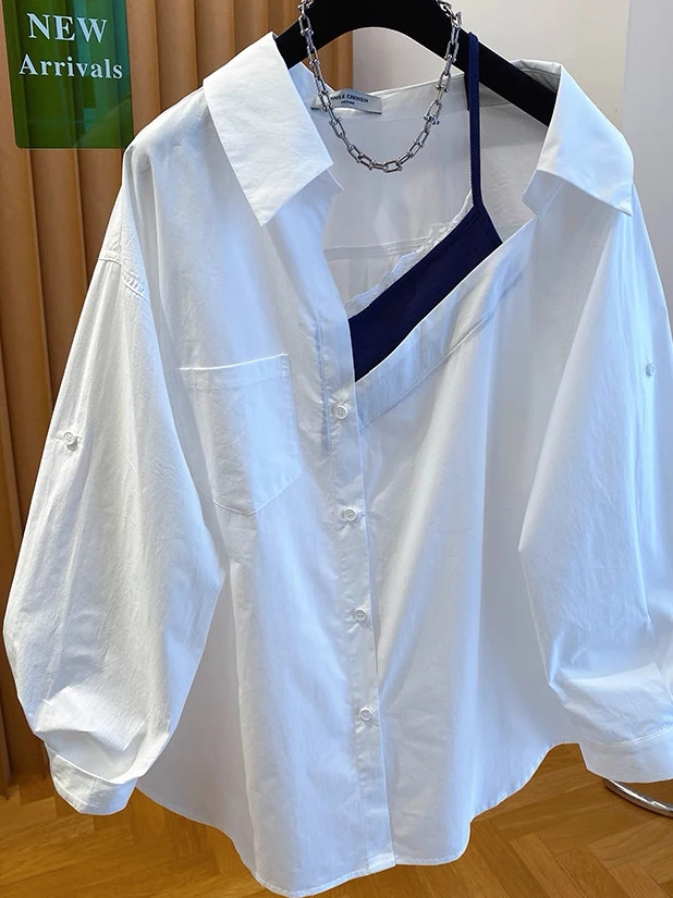 

plus Size Women's White Shirt Baring Collarbone Casual Long Sleeve Spring Summer High Fashion Loose Fit Korean Style plus Size