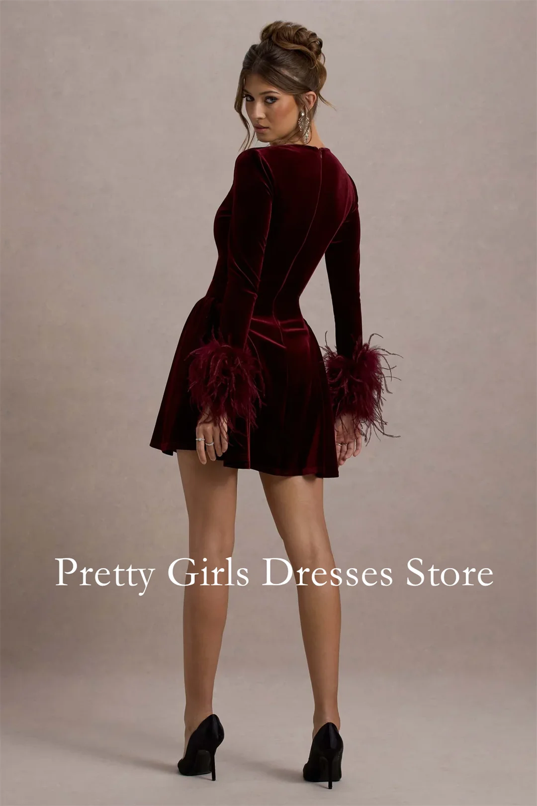 Port velours col plongeant plume garniture Mini robe robe robes de soirée personnalisé fête robes de bal formelle vestidos de fiesta